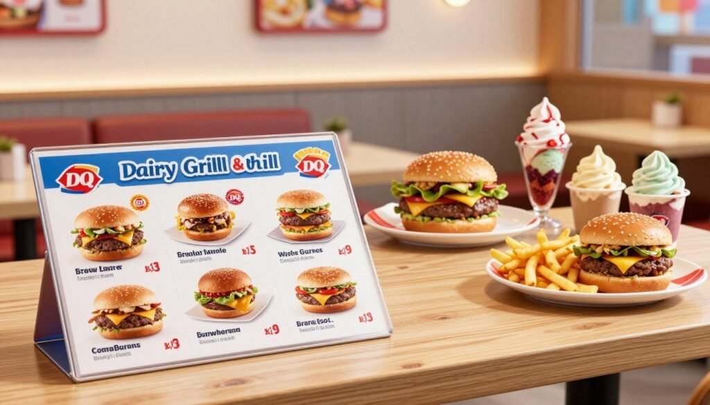 A beautifully arranged Dairy Queen Grill & Chill menu display, showcasing a variety of food items like juicy burgers, crispy fries, and colorful ice cream treats. In the foreground, a wooden table holds a neatly designed menu board featuring enticing food images and prices, with bright lighting that evokes a warm and inviting atmosphere. In the middle ground, there is a vibrant selection of food items presented on plates, highlighting their textures and colors, set against a clean and modern restaurant backdrop. The background consists of a cozy dining area with subtle hints of Dairy Queen branding and soft, ambient lighting that gives a friendly, family-oriented vibe. The overall mood is appetizing and cheerful, encouraging viewers to explore the value and delicious offerings of Dairy Queen Grill & Chill.