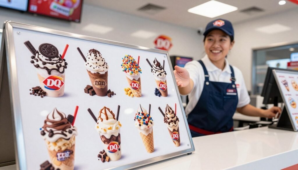 A beautifully arranged Dairy Queen menu displaying an array of Free Blizzards, featuring various flavors like Oreo, Brownie Batter, and M&M's. In the foreground, a glossy menu board with vibrant pictures of the Blizzards, showcasing their creamy textures and colorful toppings. The middle ground includes a friendly Dairy Queen employee wearing a clean uniform, smiling and gesturing towards the menu, creating a welcoming atmosphere. The background features a bright and inviting Dairy Queen store interior with soft lighting, emphasizing the fun and joyful experience of enjoying these delicious frozen treats. The mood is cheerful and appetizing, captured from a slightly elevated angle to highlight the menu and the enticing desserts.