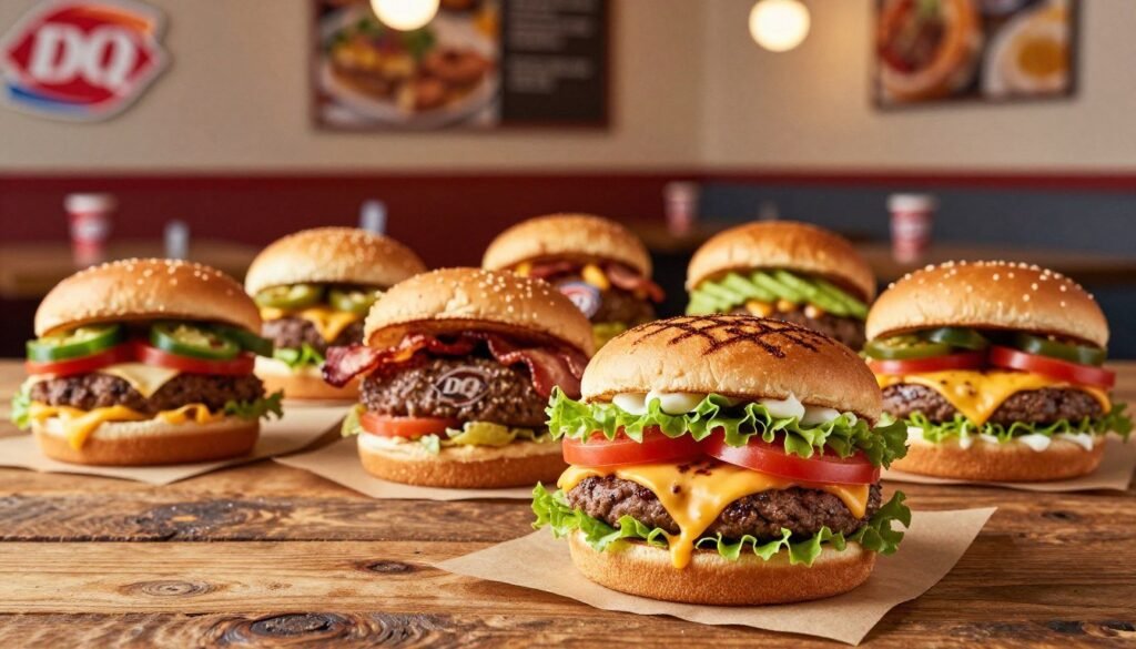 A beautifully arranged display of Dairy Queen's seasonal and limited-time burger offerings, showcasing an enticing selection of flavorful burgers on a rustic wooden table. In the foreground, highlight a perfectly grilled burger topped with fresh lettuce, ripe tomatoes, melted cheddar cheese, and a specialty sauce, all nestled in a toasted bun. In the middle ground, include a few more colorful burger variations, each with unique toppings and garnishes, such as jalapeños, crispy bacon, and avocado. The background features a soft-focus Dairy Queen restaurant ambiance with warm lighting that evokes a cozy, inviting atmosphere. A shallow depth of field adds emphasis to the burgers, while the overall composition conveys a sense of indulgence and excitement around limited-time flavors.
