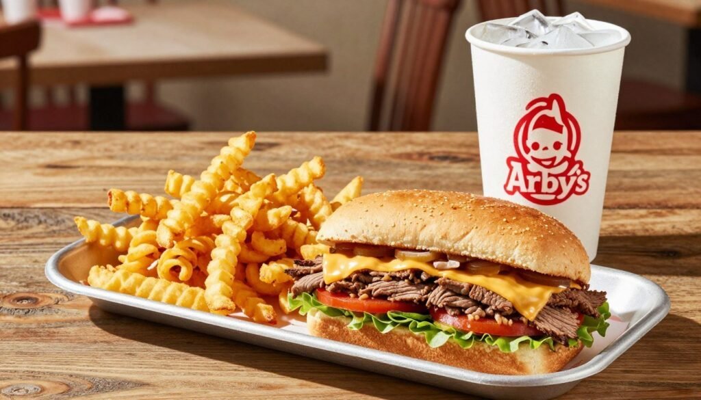 A vibrant Arby's meal combo spread on a rustic wooden table, featuring a classic Arby's roast beef sandwich, stacked with layers of tender meat, melted cheese, and fresh vegetables. Accompanying the sandwich is a large portion of curly fries, golden and crispy, along with a refreshing soft drink in a frosty cup filled with ice. In the background, soft focus reveals Arby's signature branding and colors, creating a warm, inviting atmosphere. The lighting is bright and cheerful, mimicking a sunny day, enhancing the appetizing colors of the food. The angle is slightly top-down, providing a clear view of the meal's details while capturing the essence of a casual dining experience. The overall mood conveys comfort and satisfaction, perfect for a delicious dining experience.