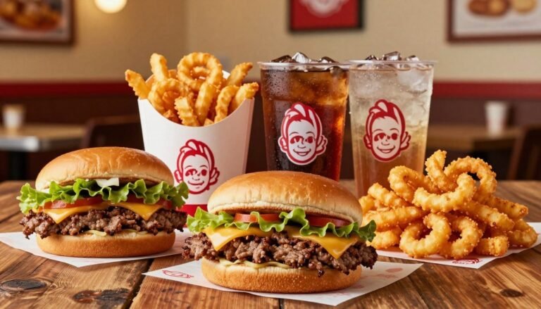 A vibrant and enticing Arby's discount menu displayed prominently in the foreground, showcasing various mouthwatering menu items like beef sandwiches, crispy curly fries, and refreshing drinks, neatly arranged on a rustic wooden table. The background features a subtle restaurant setting with warm, inviting lighting that highlights the fresh ingredients and delicious textures of the food items. A close-up angle captures the detail in each menu item, emphasizing the juicy and inviting aspects of the sandwiches and the golden curls of the fries. The atmosphere is casual and friendly, reflecting the theme of delightful deals, making it appealing to customers. The overall composition should create a mouthwatering appeal without any text or branding elements, keeping the focus solely on the food presentation.