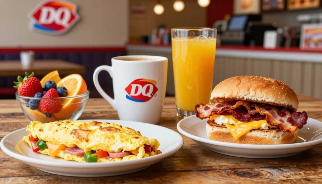A vibrant and inviting Dairy Queen breakfast spread featuring a variety of breakfast items on a rustic wooden table. In the foreground, display a fluffy omelet filled with cheese, bell peppers, and ham, alongside a perfectly stacked breakfast sandwich with crispy bacon, egg, and cheese on a toasted bun. Include a colorful fruit bowl with strawberries, blueberries, and orange slices. In the middle, showcase a cup of hot coffee and a refreshing orange juice, reflecting the morning light. The background should feature a cozy Dairy Queen interior, with warm lighting and a welcoming atmosphere. Capture the image at eye level to emphasize the delicious food and inviting ambiance, creating a cheerful morning vibe that showcases Dairy Queen's breakfast offerings.