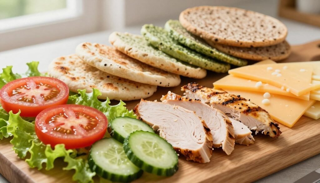A vibrant, appetizing display of Subway wrap ingredients on a wooden cutting board. In the foreground, fresh vegetables like crisp lettuce, ripe tomatoes, and sliced cucumbers glisten with moisture. Tasty meats such as grilled chicken and turkey are artfully arranged alongside a selection of colorful cheeses—cheddar, Swiss, and pepper jack. In the middle ground, various flatbreads in warm tones, like spinach and whole wheat, are stacked neatly, enticing in their flexibility. The background is softly blurred to emphasize the ingredients, with natural light flooding the scene, creating an inviting, fresh atmosphere. The angle is slightly elevated, capturing both the depth and the textures of the ingredients, conveying a sense of delicious variety perfect for a lunch option.
