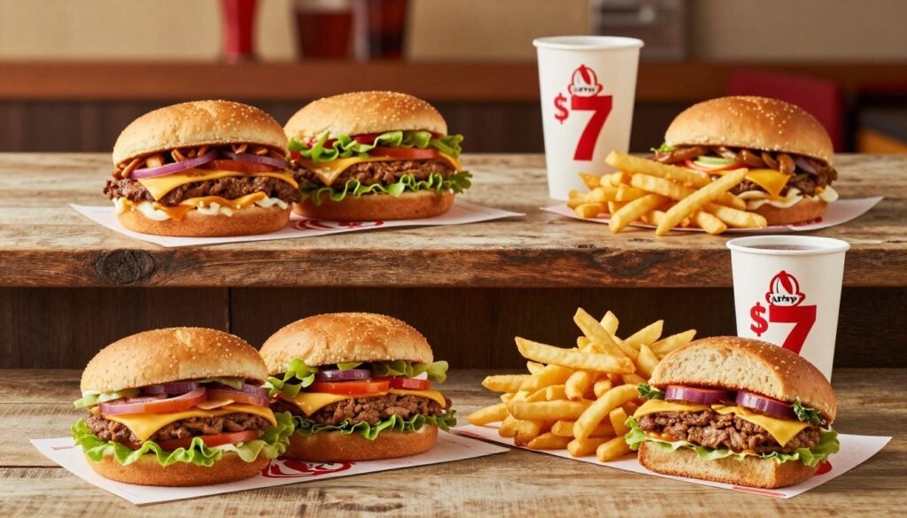 A vibrant comparison of Arby's 2 for $7 menu items displayed on a wooden table. In the foreground, two Arby's sandwiches, crispy fries, and a small drink are artfully arranged, showcasing their textures and colors. The middle layer features a rustic wooden table with a subtle grain that enhances the focus on the food. In the background, a few other fast-food items from different restaurants are faintly visible, emphasizing the comparison without overshadowing the Arby's offerings. Soft, warm lighting casts a cozy atmosphere, inviting viewers to imagine the flavors. The composition is shot from a slight overhead angle to capture the details of both Arby’s items and the surrounding products, creating an inviting mood that appeals to fast-food lovers.