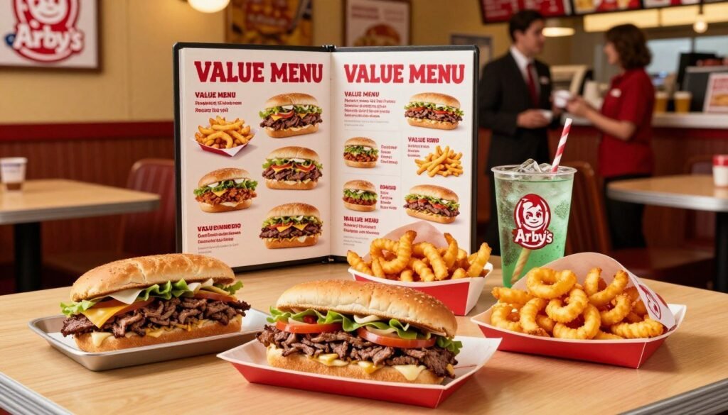 A vibrant, eye-catching table scene showcasing an enticing Arby's Value Menu layout. In the foreground, a neatly arranged spread of various Arby's menu items, including classic roast beef sandwiches, crispy curly fries, and refreshing beverages, all presented on colorful paper wrappers. In the middle ground, a well-lit menu board featuring the Value Menu selections, with vivid images of the food items. The background includes a warm, inviting Arby's restaurant interior, with cozy seating and friendly staff in professional attire. Use soft, warm lighting to create an inviting atmosphere, capturing the essence of affordability and comfort. The angle should be slightly above the table, giving a view of both the food items and the restaurant ambiance, emphasizing the theme of maximizing savings with delicious eats.