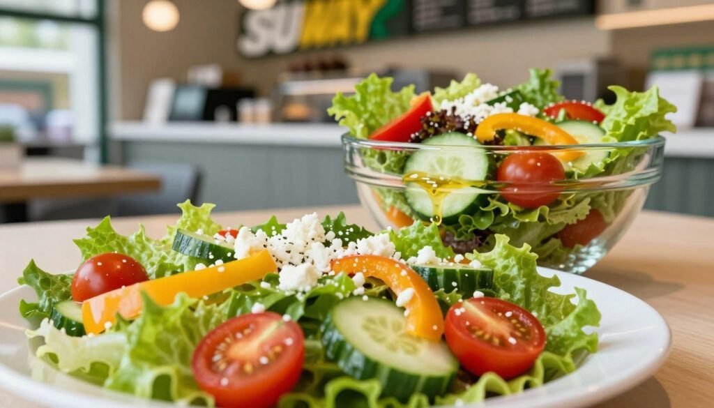 A visually appealing Subway salad displayed prominently in the foreground, showcasing a vibrant rainbow of fresh ingredients including crisp romaine lettuce, cherry tomatoes, cucumbers, bell peppers, and a sprinkle of feta cheese. In the middle ground, a clear glass bowl elegantly presents the salad, adorned with a light drizzle of vinaigrette that glistens under subtle, soft lighting. In the background, a clean, modern Subway restaurant interior is softly blurred, emphasizing a fresh and inviting atmosphere. The composition should have a top-down perspective, highlighting the colorful layers of the salad while creating a sense of freshness and healthiness. The mood is bright and appetizing, perfect for conveying nutritional vitality and flavor.