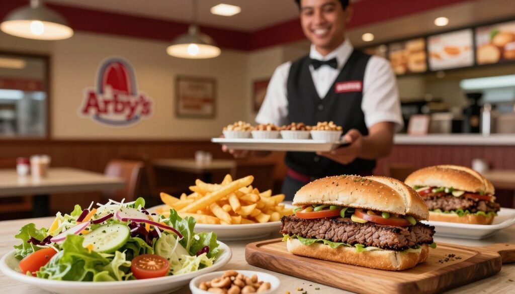 A visually appealing display of nut-free dining options at Arby's, featuring an inviting arrangement of various menu items. In the foreground, a colorful assortment of fresh salads, crispy fries, and a classic roast beef sandwich on a wooden serving board, garnished with herbs. In the middle ground, a friendly server in a professional uniform presents a tray of nut-free options, smiling. The background shows the cozy interior of an Arby's restaurant, with warm lighting highlighting the food. The atmosphere is welcoming and reassuring, emphasizing health and safety. Use soft focus on the background to enhance the food as the main focal point, shot from a slightly elevated angle to capture depth and detail.