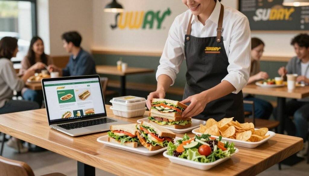 A warm, inviting indoor setting showcasing a well-organized Subway catering order on a modern wooden table. In the foreground, a colorful spread of fresh sandwiches, vibrant salads, and chips displayed beautifully on elegant trays. A laptop with an open Subway catering website is positioned nearby, emphasizing online ordering. The middle ground features a friendly, professional individual in business attire, gathering items for the order. Soft, natural lighting illuminates the scene, creating an appealing atmosphere. In the background, a cozy café with subtle Subway branding and a subtle view of happy customers enjoying their meals. The overall mood is cheerful and welcoming, perfect for event planning. A warm, inviting indoor setting showcasing a well-organized Subway catering order on a modern wooden table. In the foreground, a colorful spread of fresh sandwiches, vibrant salads, and chips displayed beautifully on elegant trays. A laptop with an open Subway catering website is positioned nearby, emphasizing online ordering. The middle ground features a friendly, professional individual in business attire, gathering items for the order. Soft, natural lighting illuminates the scene, creating an appealing atmosphere. In the background, a cozy café with subtle Subway branding and a subtle view of happy customers enjoying their meals. The overall mood is cheerful and welcoming, perfect for event planning.