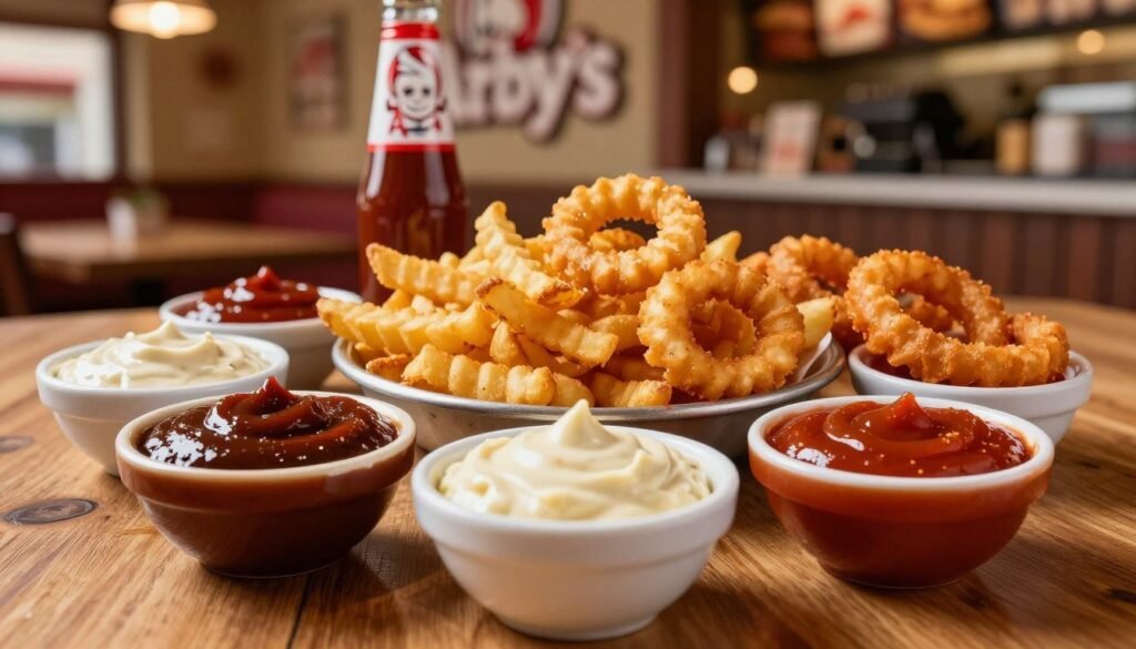 An inviting tabletop display featuring a variety of Arby's secret sauce combinations, arranged artfully in small, elegant bowls. In the foreground, focus on vibrant sauces like a rich, dark barbecue, creamy horseradish, and a spicy, zesty dip, each distinct and glistening. In the middle, a selection of crispy curly fries and fresh, crunchy onion rings, perfectly golden, inviting patrons to explore these hidden favorites. In the background, a softly blurred Arby's restaurant interior, showcasing warm lighting and rustic wooden accents, adding to the cozy atmosphere. The shot is taken from a slightly elevated angle, capturing the textures and colors of the sauces and sides. The mood is warm and inviting, encouraging viewers to indulge in the delicious possibilities of Arby's secret menu. An inviting tabletop display featuring a variety of Arby's secret sauce combinations, arranged artfully in small, elegant bowls. In the foreground, focus on vibrant sauces like a rich, dark barbecue, creamy horseradish, and a spicy, zesty dip, each distinct and glistening. In the middle, a selection of crispy curly fries and fresh, crunchy onion rings, perfectly golden, inviting patrons to explore these hidden favorites. In the background, a softly blurred Arby's restaurant interior, showcasing warm lighting and rustic wooden accents, adding to the cozy atmosphere. The shot is taken from a slightly elevated angle, capturing the textures and colors of the sauces and sides. The mood is warm and inviting, encouraging viewers to indulge in the delicious possibilities of Arby's secret menu.
