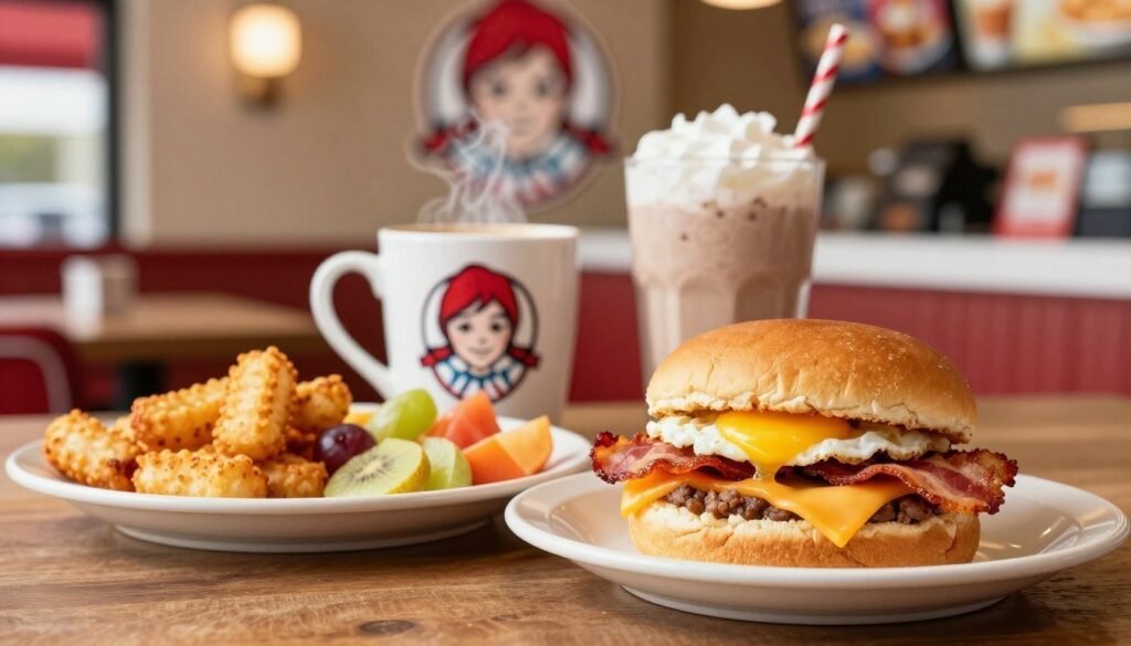 A beautifully arranged Wendy's breakfast menu spread, showcasing an array of delectable items in the foreground, including a fresh, fluffy breakfast sandwich with an egg, bacon, and cheese, golden crispy hash browns, and a vibrant side of seasonal fruit. In the middle, a steaming cup of coffee and a refreshing smoothie add to the enticing scene. The background features a softly blurred Wendy's restaurant interior with warm lighting, creating a cozy morning atmosphere. Use a shallow depth of field to emphasize the food while keeping the background subtly visible. The overall mood should be inviting and energetic, capturing the essence of a flavorful breakfast that welcomes the day.
