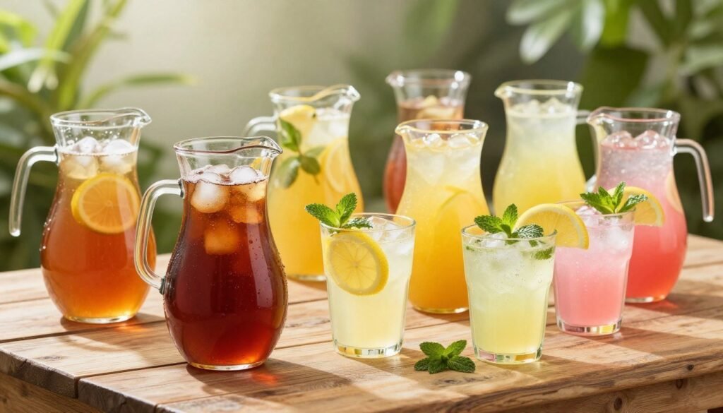 A beautifully arranged display of Wendy's fresh-brewed teas and lemonades, featuring an assortment of colorful glass pitchers filled with vibrant iced teas in hues of amber and deep brown, alongside bright lemonades in shades of sunny yellow and refreshing pink. The foreground showcases garnished glasses with fresh lemon slices and sprigs of mint, glistening with condensation. In the middle, a rustic wooden table with subtle texture adds warmth, enhancing the inviting atmosphere of a relaxing summer day. The background features soft, blurred greenery and sunlight filtering through leaves, creating a tranquil outdoor setting. The lighting is bright and cheerful, reminiscent of a sunny afternoon, captured with a shallow depth of field to emphasize the drinks.