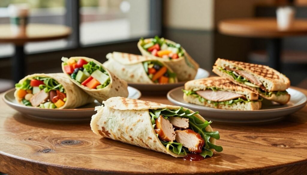 A beautifully arranged selection of Starbucks wraps on a rustic wooden table, showcasing a variety of vibrant fillings. In the foreground, include a close-up of a delicious chicken wrap, with fresh greens spilling out and a drizzle of sauce glistening. The middle ground features more wraps, including a colorful veggie wrap and a hearty turkey panini, all presented on a stylish plate. The background features a cozy Starbucks cafe setting, with soft natural light filtering through large windows, casting gentle shadows. Use a warm and inviting color palette to evoke a lunchtime atmosphere, capturing the delicious freshness and artisanal quality of the food. The perspective should be slightly elevated, allowing the viewer to appreciate the details of each wrap without distractions. A beautifully arranged selection of Starbucks wraps on a rustic wooden table, showcasing a variety of vibrant fillings. In the foreground, include a close-up of a delicious chicken wrap, with fresh greens spilling out and a drizzle of sauce glistening. The middle ground features more wraps, including a colorful veggie wrap and a hearty turkey panini, all presented on a stylish plate. The background features a cozy Starbucks cafe setting, with soft natural light filtering through large windows, casting gentle shadows. Use a warm and inviting color palette to evoke a lunchtime atmosphere, capturing the delicious freshness and artisanal quality of the food. The perspective should be slightly elevated, allowing the viewer to appreciate the details of each wrap without distractions.