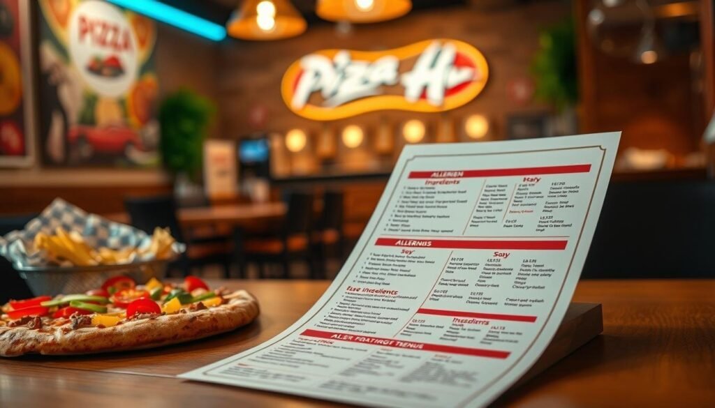 A clear and focused image of a Pizza Hut allergen menu displayed prominently on a wooden table. The foreground features a neatly arranged allergen menu with ingredients highlighted, specifically emphasizing soy. Incorporate a colorful array of pizza toppings around the menu, creating a vibrant and appetizing atmosphere. In the middle ground, include a blurred background of a cozy Pizza Hut restaurant with soft lighting illuminating the scene, enhancing the inviting mood. The angle should be slightly elevated, capturing both the menu and the delicious toppings in detail. The overall tone should be informative yet appealing, inviting viewers to explore safe options for soy allergies in an aesthetically pleasing way.