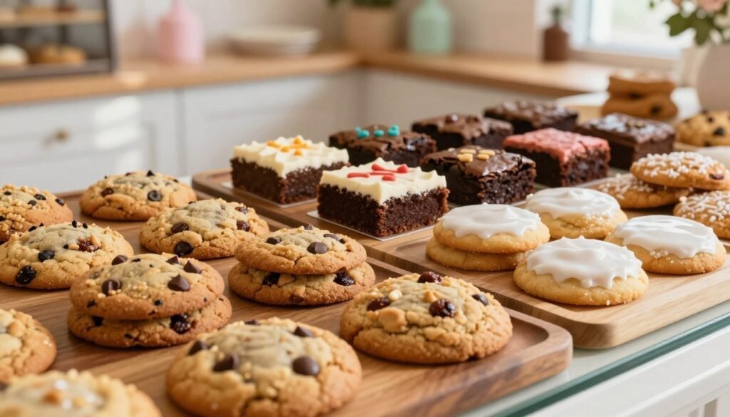 A cozy, inviting scene of a bakery display featuring an array of Wendy's signature cookies and bakery items. In the foreground, feature a variety of cookies—chocolate chip, oatmeal raisin, and frosted sugar cookies—professionally arranged on wooden platters. The middle section displays beautifully decorated cakes and brownies, with rich textures and vibrant colors. The background shows a softly lit bakery interior with warm wood accents and subtle pastel decorations, enhancing the inviting atmosphere. Soft, natural light filters in, casting gentle shadows that create a warm and welcoming mood. Capture this from a slightly elevated angle to showcase the items' details while emphasizing the inviting nature of the display. A cozy, inviting scene of a bakery display featuring an array of Wendy's signature cookies and bakery items. In the foreground, feature a variety of cookies—chocolate chip, oatmeal raisin, and frosted sugar cookies—professionally arranged on wooden platters. The middle section displays beautifully decorated cakes and brownies, with rich textures and vibrant colors. The background shows a softly lit bakery interior with warm wood accents and subtle pastel decorations, enhancing the inviting atmosphere. Soft, natural light filters in, casting gentle shadows that create a warm and welcoming mood. Capture this from a slightly elevated angle to showcase the items' details while emphasizing the inviting nature of the display.