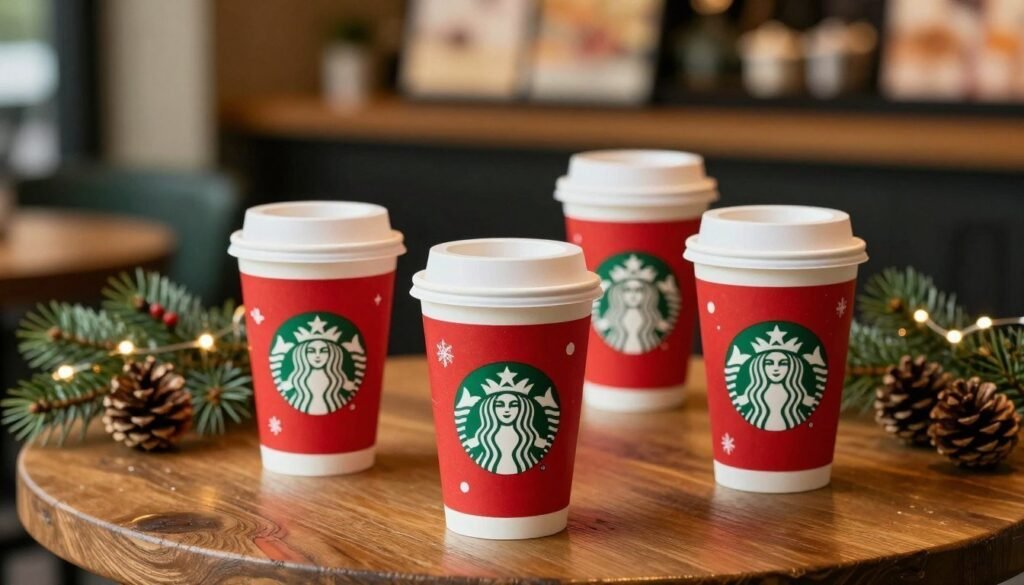 A cozy winter scene showcasing a collection of Starbucks holiday cups, beautifully arranged on a rustic wooden table. The foreground features three distinct holiday cups, each adorned with unique festive designs, showcasing vibrant reds, greens, and gold accents. In the middle ground, a soft-focus background reveals a warm coffee shop ambiance, with subtle twinkling lights and hints of seasonal decorations like evergreen branches and pine cones. The lighting is warm and inviting, capturing the essence of winter comfort. Aim for a depth of field effect to emphasize the cups while creating a soft blur in the background, evoking a sense of nostalgia and cheer. The overall mood should feel warm, seasonal, and inviting, perfect for reflecting the joyful spirit of the holidays. A cozy winter scene showcasing a collection of Starbucks holiday cups, beautifully arranged on a rustic wooden table. The foreground features three distinct holiday cups, each adorned with unique festive designs, showcasing vibrant reds, greens, and gold accents. In the middle ground, a soft-focus background reveals a warm coffee shop ambiance, with subtle twinkling lights and hints of seasonal decorations like evergreen branches and pine cones. The lighting is warm and inviting, capturing the essence of winter comfort. Aim for a depth of field effect to emphasize the cups while creating a soft blur in the background, evoking a sense of nostalgia and cheer. The overall mood should feel warm, seasonal, and inviting, perfect for reflecting the joyful spirit of the holidays.