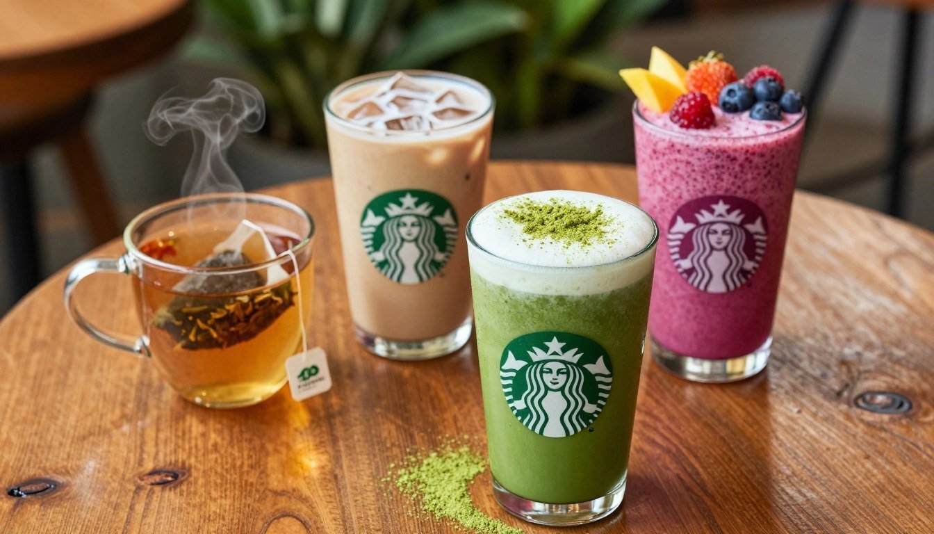 A vibrant and inviting display of health-conscious Starbucks drinks on a rustic wooden table. In the foreground, showcase a tall, clear glass filled with a colorful combination of a green matcha latte topped with a dusting of matcha powder, a refreshing iced coconut milk mocha with a hint of chocolate, and a bright berry smoothie adorned with fresh fruits on the rim. In the middle ground, include a steaming herbal tea in a clear mug, with a delicate teabag tag hanging over the edge. The background features a cozy café atmosphere with soft, warm lighting reflecting off wooden surfaces, and verdant plants adding a touch of greenery. The overall mood should feel refreshing, vibrant, and inviting, encapsulating a health-conscious lifestyle. The angle should be slightly overhead to capture all drinks clearly, creating an enticing and appealing visual.