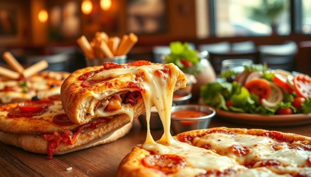 A vibrant and mouthwatering depiction of various Pizza Hut melts, showcasing rich, oozing cheese and a variety of delectable toppings like pepperoni, vegetables, and creamy sauces. In the foreground, present a melty cheese pull from one of the melts, capturing the texture and deliciousness. In the middle ground, a table set with enticing side dishes such as crispy breadsticks, flavorful dipping sauces, and a fresh garden salad complements the melts. The background should feature a cozy restaurant atmosphere with soft, warm lighting that invites a feeling of comfort and satisfaction. Use a shallow depth of field to focus on the melts while softly blurring the background. Overall, convey a mouthwatering and inviting mood that emphasizes the joy of sharing delicious food with loved ones.