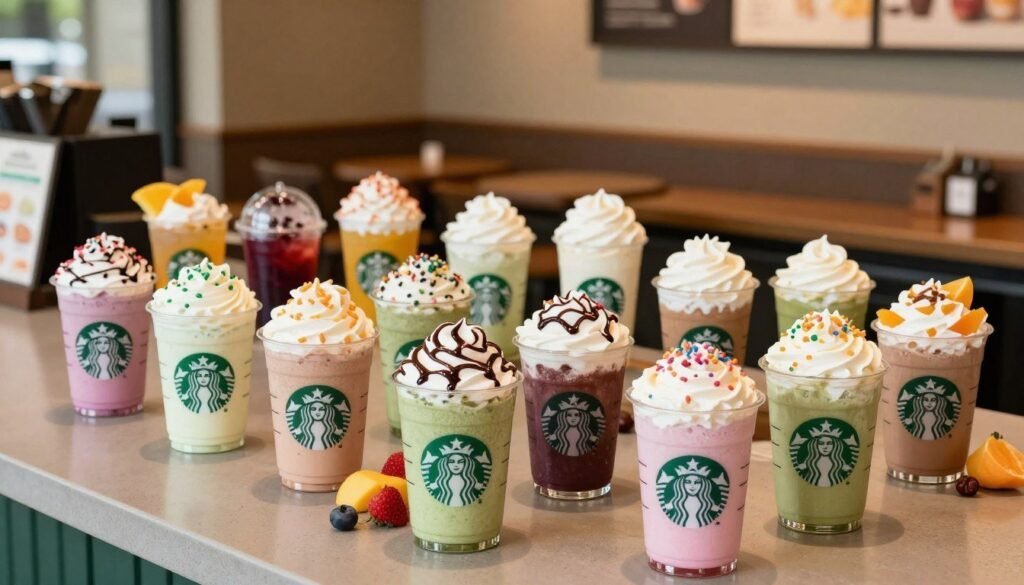 A vibrant display of Starbucks Frappuccino customization options, featuring multiple glass cups filled with various colorful blended beverages in the foreground. Each cup showcases distinct flavors and toppings, like whipped cream, chocolate drizzle, colorful sprinkles, and fruit garnishes. In the middle, a well-organized array of ingredients like syrups, fruits, and whipped creams sits elegantly on a café-style countertop. The background features a cozy Starbucks café atmosphere, with warm lighting and comfortable seating, enhancing the inviting mood. The scene is captured at a slightly elevated angle, providing a clear view of the beverages and toppings while inviting viewers to imagine creating their perfect Frappuccino. Soft focus on the background creates a dreamy feel, emphasizing the playful customization aspect. A vibrant display of Starbucks Frappuccino customization options, featuring multiple glass cups filled with various colorful blended beverages in the foreground. Each cup showcases distinct flavors and toppings, like whipped cream, chocolate drizzle, colorful sprinkles, and fruit garnishes. In the middle, a well-organized array of ingredients like syrups, fruits, and whipped creams sits elegantly on a café-style countertop. The background features a cozy Starbucks café atmosphere, with warm lighting and comfortable seating, enhancing the inviting mood. The scene is captured at a slightly elevated angle, providing a clear view of the beverages and toppings while inviting viewers to imagine creating their perfect Frappuccino. Soft focus on the background creates a dreamy feel, emphasizing the playful customization aspect.