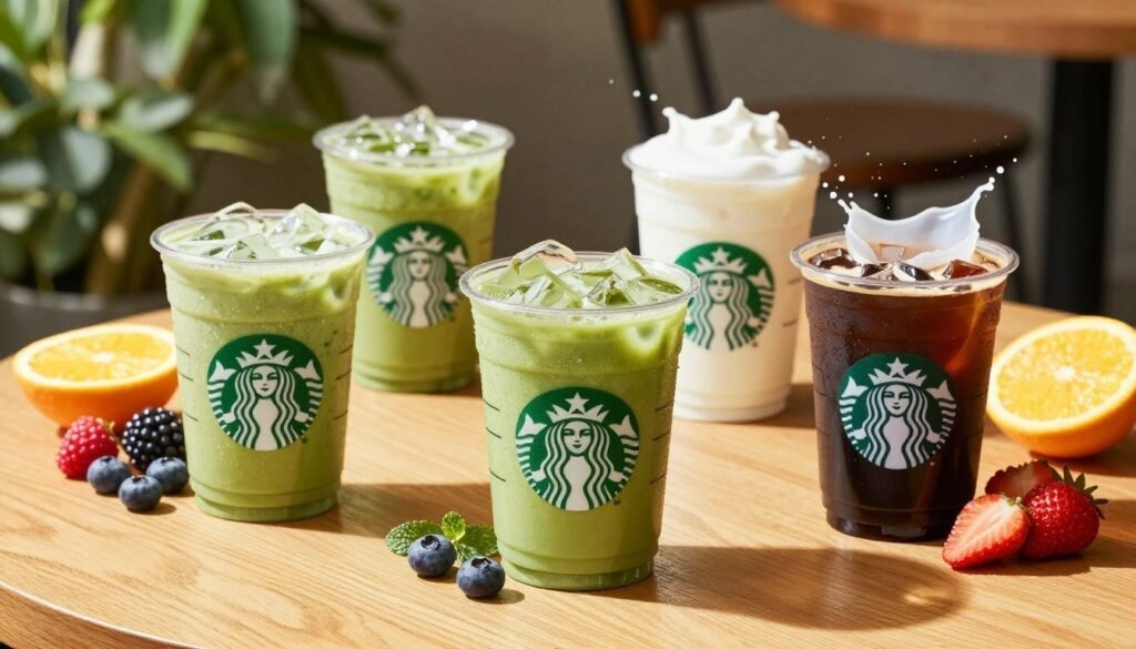 A vibrant flat lay of a selection of healthy Starbucks drinks, including a tall iced matcha latte with almond milk, a refreshing fruit-infused green tea, and a rich cold brew with a splash of oat milk. The drinks are arranged on a light wooden table surrounded by fresh fruits like berries and citrus slices. Sunlight filters in from the left, casting soft shadows and enhancing the colors of the drinks. The background features blurred greenery, suggesting an outdoor café setting, to evoke a fresh and invigorating atmosphere. The composition should emphasize the drinks' textures and colors, showcasing the healthy ingredients. The scene feels uplifting and inviting, perfect for anyone looking to nourish themselves throughout the day. A vibrant flat lay of a selection of healthy Starbucks drinks, including a tall iced matcha latte with almond milk, a refreshing fruit-infused green tea, and a rich cold brew with a splash of oat milk. The drinks are arranged on a light wooden table surrounded by fresh fruits like berries and citrus slices. Sunlight filters in from the left, casting soft shadows and enhancing the colors of the drinks. The background features blurred greenery, suggesting an outdoor café setting, to evoke a fresh and invigorating atmosphere. The composition should emphasize the drinks' textures and colors, showcasing the healthy ingredients. The scene feels uplifting and inviting, perfect for anyone looking to nourish themselves throughout the day.