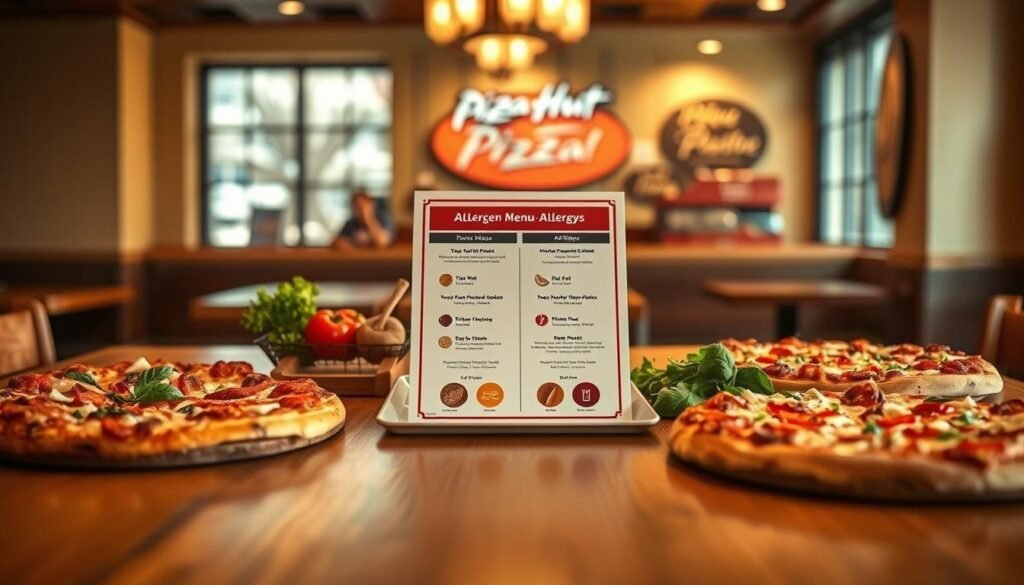 A visually engaging depiction of the Pizza Hut allergen menu focusing on tree nut and peanut allergy considerations. In the foreground, a beautifully crafted wooden table displays an array of delicious pizza options, clearly labeled with icons indicating safe choices for tree nut and peanut allergies. In the middle, a professional-looking menu rests alongside vibrant ingredients like fresh vegetables and safe sauces. The background features a warm, inviting Pizza Hut interior with soft lighting, highlighting the cozy atmosphere. Use a shallow depth of field to emphasize the menu and pizza while slightly blurring the background, creating a comforting yet informative mood. The scene should convey safety and inclusivity in dining options for those with allergies.