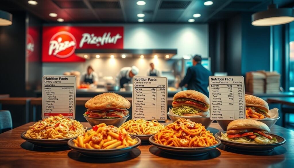 A visually engaging display of Pizza Hut's nutrition facts, focusing on the nutritional analysis of pasta and sandwiches, set in a bright, modern restaurant environment. In the foreground, a colorful array of freshly prepared pasta and sandwich dishes is artfully arranged on a wooden table, showcasing portion sizes, alongside detailed nutrition labels that highlight calories, fats, proteins, and other key nutritional information. The middle background features a well-lit kitchen with chefs in professional business attire preparing food, reflecting a bustling but clean atmosphere. The background includes a vibrant Pizza Hut branding with subtle hints of red and white, creating an inviting ambiance. The lighting is warm and inviting, suggesting a friendly dining experience, captured with a slightly elevated angle to include both food and kitchen activity.