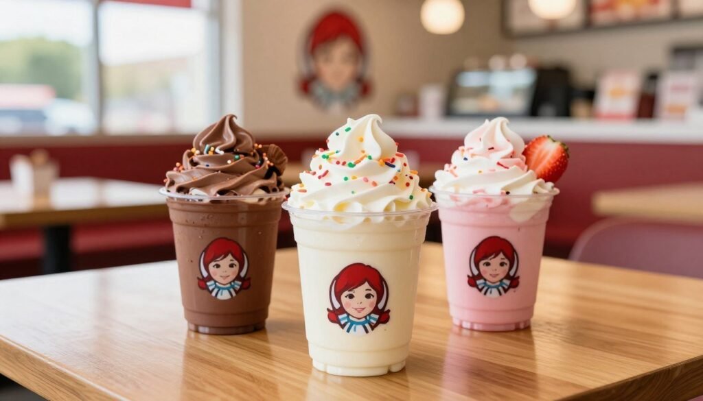 A visually enticing display of Wendy's Frosty flavors, featuring a trio of delicious Frostys in vibrant colors: classic chocolate, rich vanilla, and delightful strawberry. The Frostys sit in clear cups, topped with dollops of whipped cream and colorful sprinkles, nestled on a sleek, wooden table. The background showcases a cheerful fast-food setting with soft, warm lighting, giving a cozy yet lively atmosphere. Captured from a slightly elevated angle, the image invites viewers to indulge. The focus is sharp on the Frostys with a gentle bokeh effect blurring the rest, evoking a sense of refreshing sweetness. The scene is brightened by natural daylight filtering through nearby windows, enhancing the inviting tone of this satisfying dessert moment.