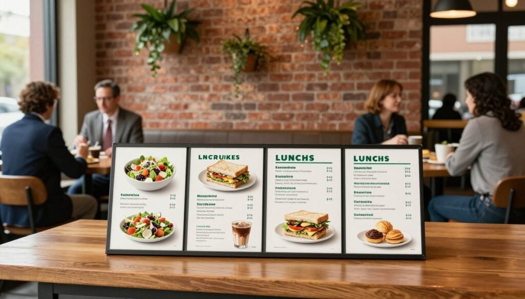 A vivid and inviting scene depicting a beautifully arranged Starbucks lunch menu pricing display. In the foreground, a stylish wooden table features an elegant coffee shop menu board, showcasing various lunch options like salads, sandwiches, and pastries, elegantly displayed with clear, appealing pricing. The middle section captures a warm atmosphere with rustic brick walls adorned with green plants and subtle lighting that creates a cozy ambience. In the background, patrons in professional business attire enjoy their meals, engaged in light conversation, enhancing the inviting mood of the café. Soft natural light streams through large windows, enhancing the vibrant colors of the food items, creating an atmosphere perfect for midday dining. The overall scene evokes comfort and community, inviting viewers to explore the delicious offerings. A vivid and inviting scene depicting a beautifully arranged Starbucks lunch menu pricing display. In the foreground, a stylish wooden table features an elegant coffee shop menu board, showcasing various lunch options like salads, sandwiches, and pastries, elegantly displayed with clear, appealing pricing. The middle section captures a warm atmosphere with rustic brick walls adorned with green plants and subtle lighting that creates a cozy ambience. In the background, patrons in professional business attire enjoy their meals, engaged in light conversation, enhancing the inviting mood of the café. Soft natural light streams through large windows, enhancing the vibrant colors of the food items, creating an atmosphere perfect for midday dining. The overall scene evokes comfort and community, inviting viewers to explore the delicious offerings.