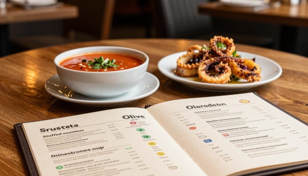 A beautifully arranged Olive Garden allergen menu displayed on a wooden table, featuring a selection of appetizers and soups. In the foreground, the menu is open, showcasing items like bruschetta, stuffed mushrooms, and minestrone soup, clearly labeled with allergen information using colorful symbols for clarity. In the middle, a bowl of minestrone soup and a plate of crispy calamari are artfully presented, accentuated with fresh herbs for a vibrant touch. The background includes soft, blurred images of an Olive Garden interior, with warm ambient lighting creating a cozy atmosphere. The angle is slightly overhead, capturing the richness of the food and inviting setting, portraying a calm and inviting mood ideal for allergen-conscious diners.