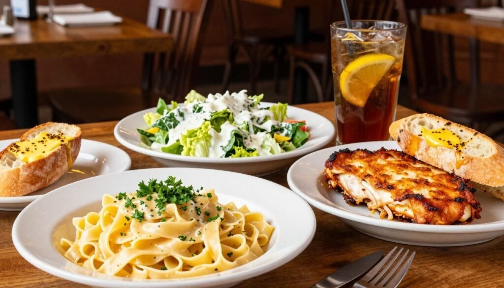 A beautifully arranged Olive Garden lunch table featuring a selection of enticing midday meals. In the foreground, a vibrant plate of Fettuccine Alfredo garnished with parsley, a slice of crispy Chicken Parmesan, and a warm breadstick drizzled with garlic butter. The middle layer showcases a caesar salad with crisp romaine and creamy dressing, while a glass of refreshing iced tea with lemon sits nearby. The background lightly fades into the inviting ambiance of an Olive Garden restaurant, with warm lighting and rustic wooden decor, creating a cozy atmosphere. The camera angle captures the spread from a slightly overhead view, enhancing the abundance of delicious dishes. The mood is inviting and appetizing, perfect for showcasing a delightful midday meal experience. A beautifully arranged Olive Garden lunch table featuring a selection of enticing midday meals. In the foreground, a vibrant plate of Fettuccine Alfredo garnished with parsley, a slice of crispy Chicken Parmesan, and a warm breadstick drizzled with garlic butter. The middle layer showcases a caesar salad with crisp romaine and creamy dressing, while a glass of refreshing iced tea with lemon sits nearby. The background lightly fades into the inviting ambiance of an Olive Garden restaurant, with warm lighting and rustic wooden decor, creating a cozy atmosphere. The camera angle captures the spread from a slightly overhead view, enhancing the abundance of delicious dishes. The mood is inviting and appetizing, perfect for showcasing a delightful midday meal experience.