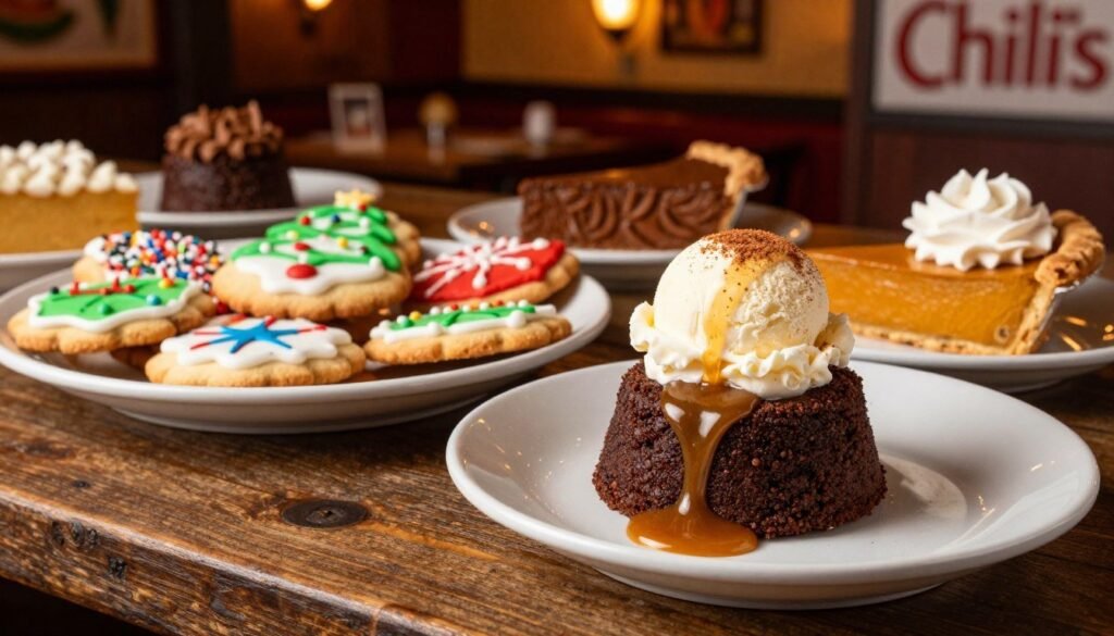 A beautifully arranged display of Chili's seasonal desserts on a rustic wooden table, showcasing a variety of colorful treats. In the foreground, feature a decadent chocolate lava cake with molten center, drizzled with rich caramel and topped with a scoop of vanilla ice cream. Beside it, a vibrant pumpkin pie slice adorned with whipped cream and a sprinkle of cinnamon. In the middle, an inviting plate of festive holiday cookies, beautifully decorated with icing and sprinkles. The background features soft, warm lighting creating a cozy, inviting atmosphere, with blurred hints of Chili's restaurant décor. The angle is slightly elevated, capturing the textures and details of the desserts while maintaining a warm, indulgent feeling suitable for a dessert menu feature.