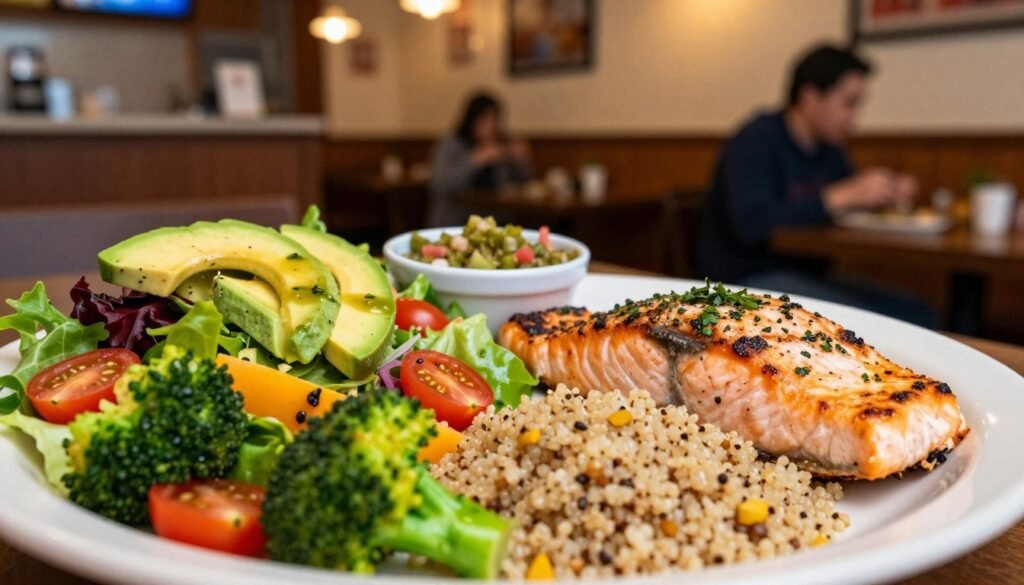 A beautifully arranged plate featuring a variety of nutritious entrée selections from Chili's menu, including a vibrant grilled chicken salad with fresh greens, cherry tomatoes, avocado slices, and a light vinaigrette. In the foreground, include a portion of quinoa and steamed broccoli, showcasing colorful vegetables that represent healthful eating. In the middle, add a well-cooked salmon fillet garnished with herbs, alongside a small bowl of salsa verde for an appealing contrast. The background should be softly blurred, depicting a cozy restaurant ambiance with warm lighting, wood paneling, and a hint of diners enjoying their meals. Use a shallow depth of field to keep the focus on the food while creating an inviting atmosphere, evoking a sense of comfort and healthfulness. A beautifully arranged plate featuring a variety of nutritious entrée selections from Chili's menu, including a vibrant grilled chicken salad with fresh greens, cherry tomatoes, avocado slices, and a light vinaigrette. In the foreground, include a portion of quinoa and steamed broccoli, showcasing colorful vegetables that represent healthful eating. In the middle, add a well-cooked salmon fillet garnished with herbs, alongside a small bowl of salsa verde for an appealing contrast. The background should be softly blurred, depicting a cozy restaurant ambiance with warm lighting, wood paneling, and a hint of diners enjoying their meals. Use a shallow depth of field to keep the focus on the food while creating an inviting atmosphere, evoking a sense of comfort and healthfulness.