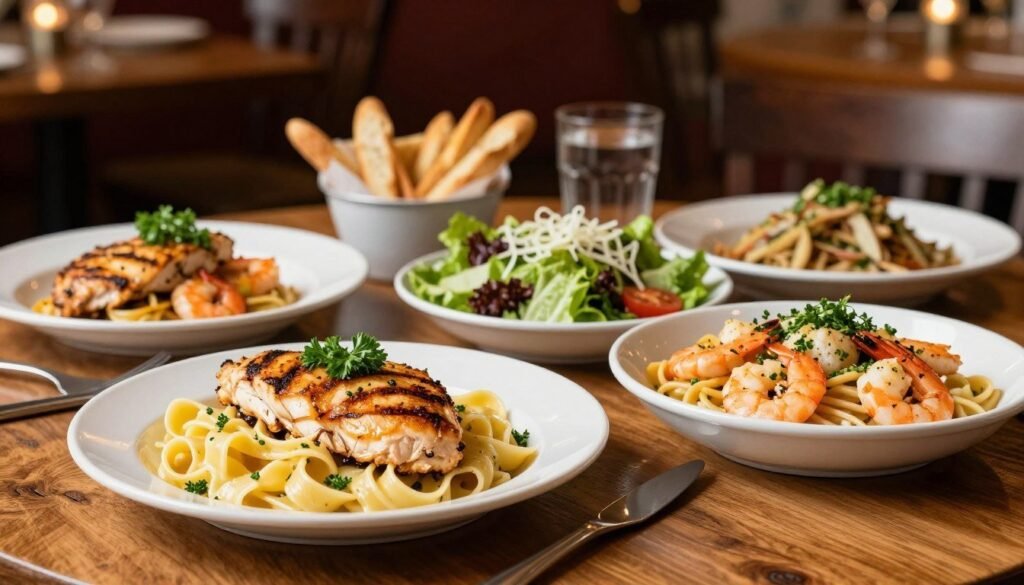 A beautifully arranged table showcasing Olive Garden's lunch options, featuring an enticing spread of Chicken and Seafood Lunch Entrees. In the foreground, a plate of grilled chicken alfredo with fettuccine, garnished with parsley, next to a bowl of shrimp scampi, beautifully presented with garlic and herbs. In the middle, an array of side dishes like garden salad and breadsticks, elegantly placed on a rustic wooden table. The background hints at a warm, inviting Olive Garden dining area with soft, ambient lighting and subtle Italian decor, creating an authentic atmosphere. The image has a slight bokeh effect to emphasize the delicious food while maintaining a cozy, welcoming feel. The overall mood is appetizing and inviting, perfect for showcasing delightful midday meals. A beautifully arranged table showcasing Olive Garden's lunch options, featuring an enticing spread of Chicken and Seafood Lunch Entrees. In the foreground, a plate of grilled chicken alfredo with fettuccine, garnished with parsley, next to a bowl of shrimp scampi, beautifully presented with garlic and herbs. In the middle, an array of side dishes like garden salad and breadsticks, elegantly placed on a rustic wooden table. The background hints at a warm, inviting Olive Garden dining area with soft, ambient lighting and subtle Italian decor, creating an authentic atmosphere. The image has a slight bokeh effect to emphasize the delicious food while maintaining a cozy, welcoming feel. The overall mood is appetizing and inviting, perfect for showcasing delightful midday meals.