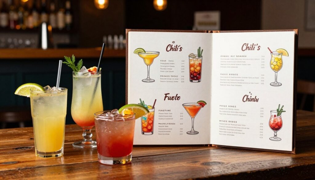 A beautifully designed, elegant menu showcasing Chili's secret drink offerings. In the foreground, a rustic wooden table holds vibrant cocktails in colorful glasses, featuring thematic lemonade and margarita mashups with garnishes like fresh fruit and herbs. The middle section displays an open menu with artistic illustrations of various custom cocktails, inviting viewers to explore hidden drink options. The background features a softly lit bar setting with warm ambient lighting, creating an inviting atmosphere. The focus should be on the cocktail glasses and menu, with a shallow depth of field to blur the bar in the background. Aim for a cozy, upscale vibe, encouraging a sense of discovery and indulgence.