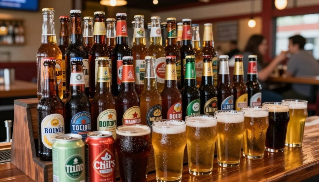A close-up of a vibrant beer selection display at a Chili's restaurant, featuring a variety of beer bottles and cans, including popular domestic, imported, and craft beers. In the foreground, showcase a wooden bar top with frosty glasses filled with golden beer, arranged next to colorful labels and enticing condensation. The middle section includes an assortment of beer types, from lagers to stouts, lined up neatly on a rustic shelf with soft, ambient lighting highlighting their colors and textures. The background features blurred silhouettes of customers enjoying their drinks and a warm, inviting atmosphere with soft brown and red hues, enhancing the cozy, social environment of the establishment. Capture this from a slightly elevated angle, ensuring a focus on the beers while conveying a lively yet relaxing mood. A close-up of a vibrant beer selection display at a Chili's restaurant, featuring a variety of beer bottles and cans, including popular domestic, imported, and craft beers. In the foreground, showcase a wooden bar top with frosty glasses filled with golden beer, arranged next to colorful labels and enticing condensation. The middle section includes an assortment of beer types, from lagers to stouts, lined up neatly on a rustic shelf with soft, ambient lighting highlighting their colors and textures. The background features blurred silhouettes of customers enjoying their drinks and a warm, inviting atmosphere with soft brown and red hues, enhancing the cozy, social environment of the establishment. Capture this from a slightly elevated angle, ensuring a focus on the beers while conveying a lively yet relaxing mood.