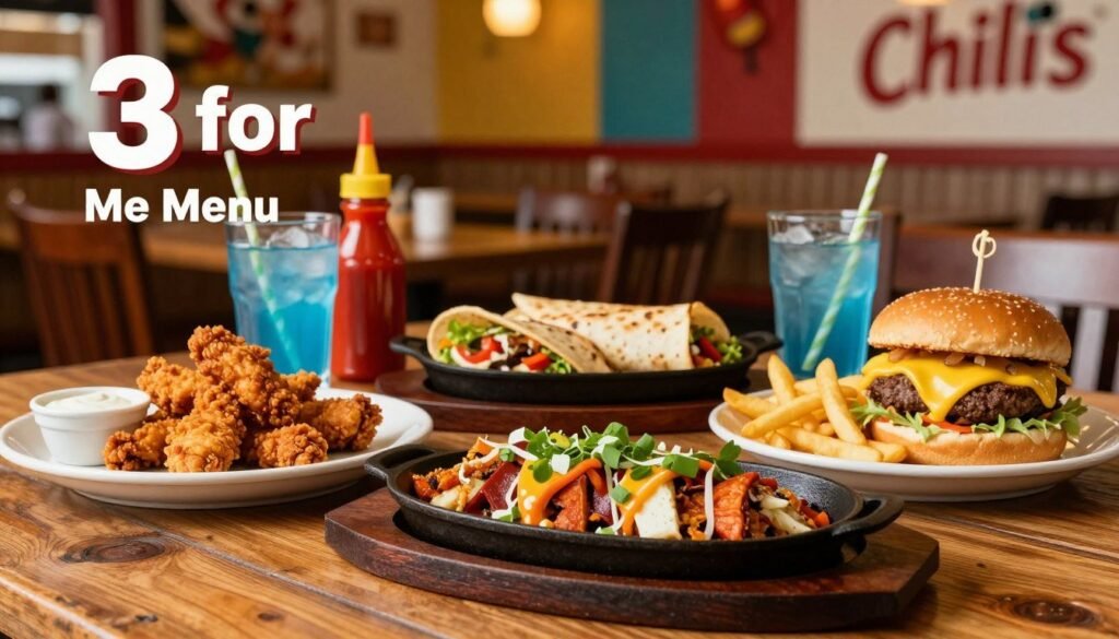 A vibrant Chili's restaurant table set for a delightful dining experience, showcasing a selection of the "3 for Me Menu" entrees. In the foreground, three enticing dishes: crispy chicken tenders with dipping sauce, flavorful fajitas sizzling on a cast iron skillet, and a sumptuous cheesy burger with fries, artfully arranged. The middle ground features a rustic wooden table adorned with colorful condiments and stylish dinnerware, creating an inviting atmosphere. In the background, softly blurred, hints of a cheerful dining environment with tasteful Chili's decor and warm ambient lighting. Capture the coziness of the restaurant setting with a shallow depth of field, emphasizing the food while creating a welcoming mood. Use soft, natural lighting to enhance the colors and textures of the dishes, inviting viewers to enjoy the enticing flavors of Chili's dining options.