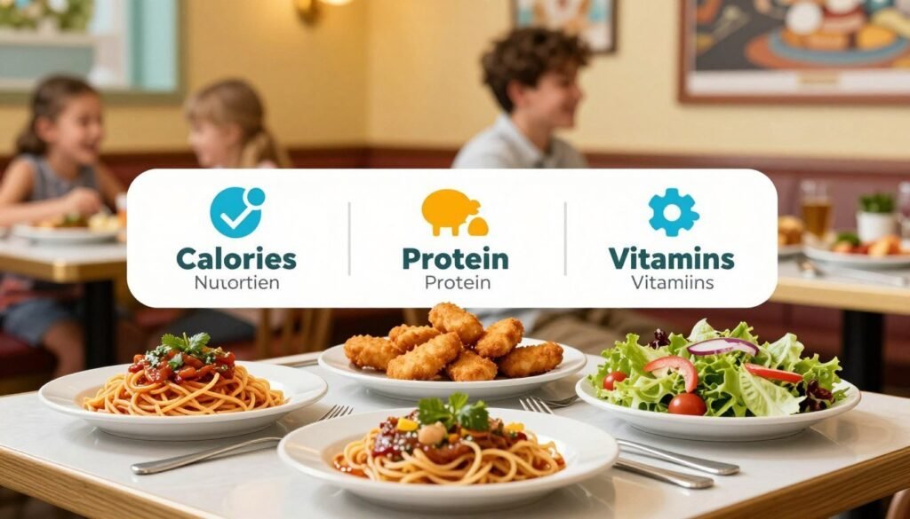 A vibrant and colorful infographic displaying Olive Garden kids meals nutritional information. The foreground features various appealing dishes like spaghetti, chicken tenders, and a small salad beautifully presented on a table with friendly and inviting tableware. In the middle, eye-catching icons represent nutritional facts such as calories, protein, and vitamins, arranged in a clear and organized manner. The background showcases a soft, warm restaurant ambiance with blurred images of Olive Garden decor, creating a welcoming atmosphere. The lighting is bright and cheerful, reminiscent of a family dining experience. The angle captures the table setting at a slight tilt, emphasizing the delicious meals while maintaining a clean, professional look.