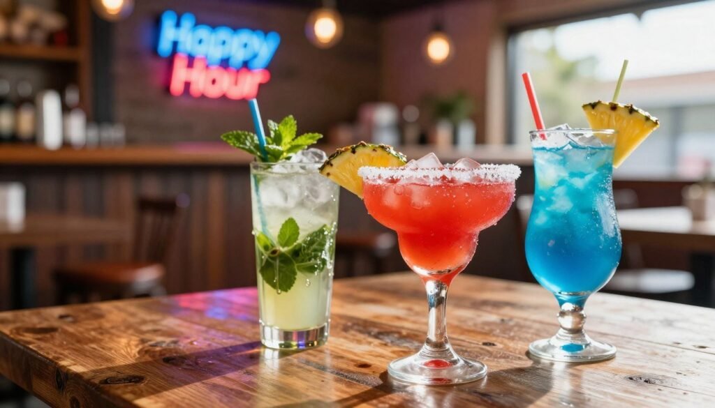 A vibrant and inviting scene showcasing Chili's Happy Hour drinks on a rustic wooden table. In the foreground, focus on an array of colorful cocktails: a bright red margarita with a salted rim, a refreshing mojito with mint leaves, and a tropical blue lagoon adorned with a slice of pineapple. Ice cubes glisten in the sunlight, and condensation drips down the glasses, enhancing the refreshing feel. In the middle ground, include a cozy bar setting with bar stools and a neon sign indicating "Happy Hour." The background features soft bokeh lights, creating an ambiance of warmth and relaxation, reminiscent of an evening gathering with friends. The lighting is bright yet soft, capturing the essence of a cheerful atmosphere. A vibrant and inviting scene showcasing Chili's Happy Hour drinks on a rustic wooden table. In the foreground, focus on an array of colorful cocktails: a bright red margarita with a salted rim, a refreshing mojito with mint leaves, and a tropical blue lagoon adorned with a slice of pineapple. Ice cubes glisten in the sunlight, and condensation drips down the glasses, enhancing the refreshing feel. In the middle ground, include a cozy bar setting with bar stools and a neon sign indicating "Happy Hour." The background features soft bokeh lights, creating an ambiance of warmth and relaxation, reminiscent of an evening gathering with friends. The lighting is bright yet soft, capturing the essence of a cheerful atmosphere.
