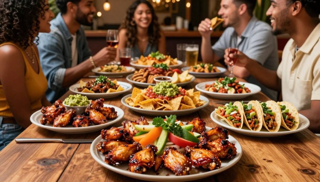 A vibrant arrangement of Chili's party platters showcasing an enticing variety of appetizers, including sizzling chicken wings, crispy tortilla chips with guacamole and salsa, loaded nachos, and flavorful mini tacos, all artistically presented on a large, rustic wooden table. In the foreground, a close-up of a platter garnished with fresh herbs and colorful veggies invites the viewer's attention. The middle ground features additional platters, attracting a diverse group of friends enjoying a casual gathering, dressed in comfortable, stylish semi-casual clothing, sharing laughter and camaraderie. In the background, warm lighting casts a cozy glow, evoking a festive atmosphere reminiscent of a lively party setting. The angle captures all elements beautifully, conveying the joyful essence of sharing delicious food among friends. A vibrant arrangement of Chili's party platters showcasing an enticing variety of appetizers, including sizzling chicken wings, crispy tortilla chips with guacamole and salsa, loaded nachos, and flavorful mini tacos, all artistically presented on a large, rustic wooden table. In the foreground, a close-up of a platter garnished with fresh herbs and colorful veggies invites the viewer's attention. The middle ground features additional platters, attracting a diverse group of friends enjoying a casual gathering, dressed in comfortable, stylish semi-casual clothing, sharing laughter and camaraderie. In the background, warm lighting casts a cozy glow, evoking a festive atmosphere reminiscent of a lively party setting. The angle captures all elements beautifully, conveying the joyful essence of sharing delicious food among friends.