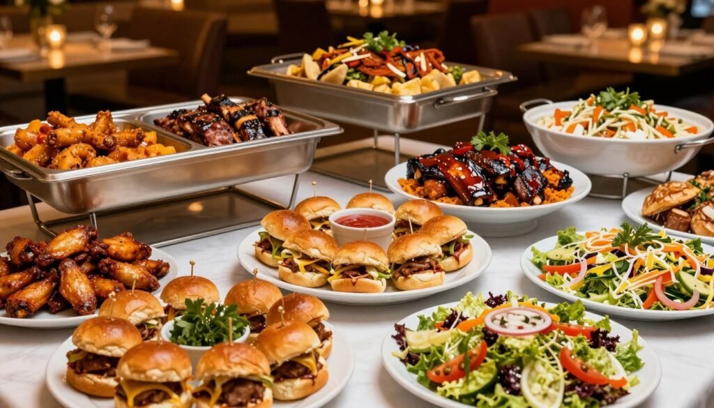 An elegant display of Chili's catering packages, featuring a well-arranged table filled with a variety of dishes. In the foreground, showcase a vibrant selection of appetizers like buffalo wings, sliders, and fresh garden salads, artfully garnished. In the middle ground, include eye-catching platters of main dishes such as ribs, chicken fajitas, and sizzling sides, all served in elegant catering trays. The background should feature a warm, inviting restaurant atmosphere with soft lighting, creating a cozy setting. Use a wide-angle lens to capture the entire spread, emphasizing the abundance and enticing presentation of the food. The mood should be vibrant and festive, perfect for any occasion. No people should be present in the scene. An elegant display of Chili's catering packages, featuring a well-arranged table filled with a variety of dishes. In the foreground, showcase a vibrant selection of appetizers like buffalo wings, sliders, and fresh garden salads, artfully garnished. In the middle ground, include eye-catching platters of main dishes such as ribs, chicken fajitas, and sizzling sides, all served in elegant catering trays. The background should feature a warm, inviting restaurant atmosphere with soft lighting, creating a cozy setting. Use a wide-angle lens to capture the entire spread, emphasizing the abundance and enticing presentation of the food. The mood should be vibrant and festive, perfect for any occasion. No people should be present in the scene.